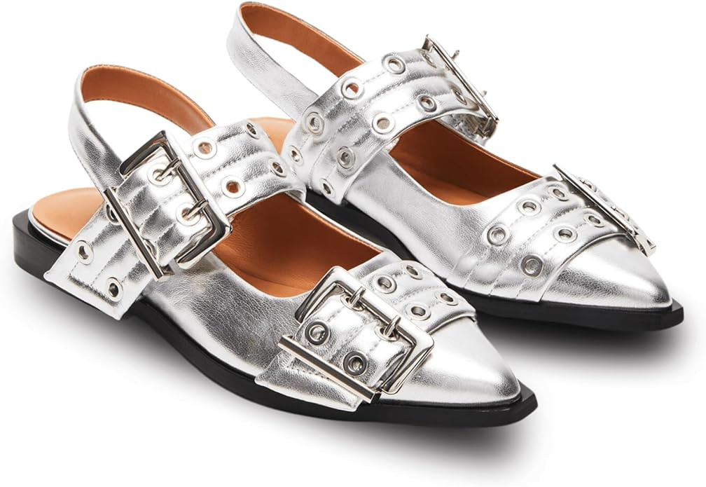 Wide Welt Buckle Ballet Flats for Women Slingback Flats Casual Ballerina Shoes Flat Squared Block... | Amazon (US)