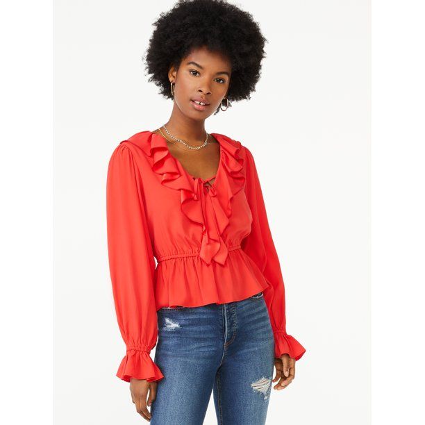 Scoop Women's Long Sleeve Ruffle Blouse - Walmart.com | Walmart (US)