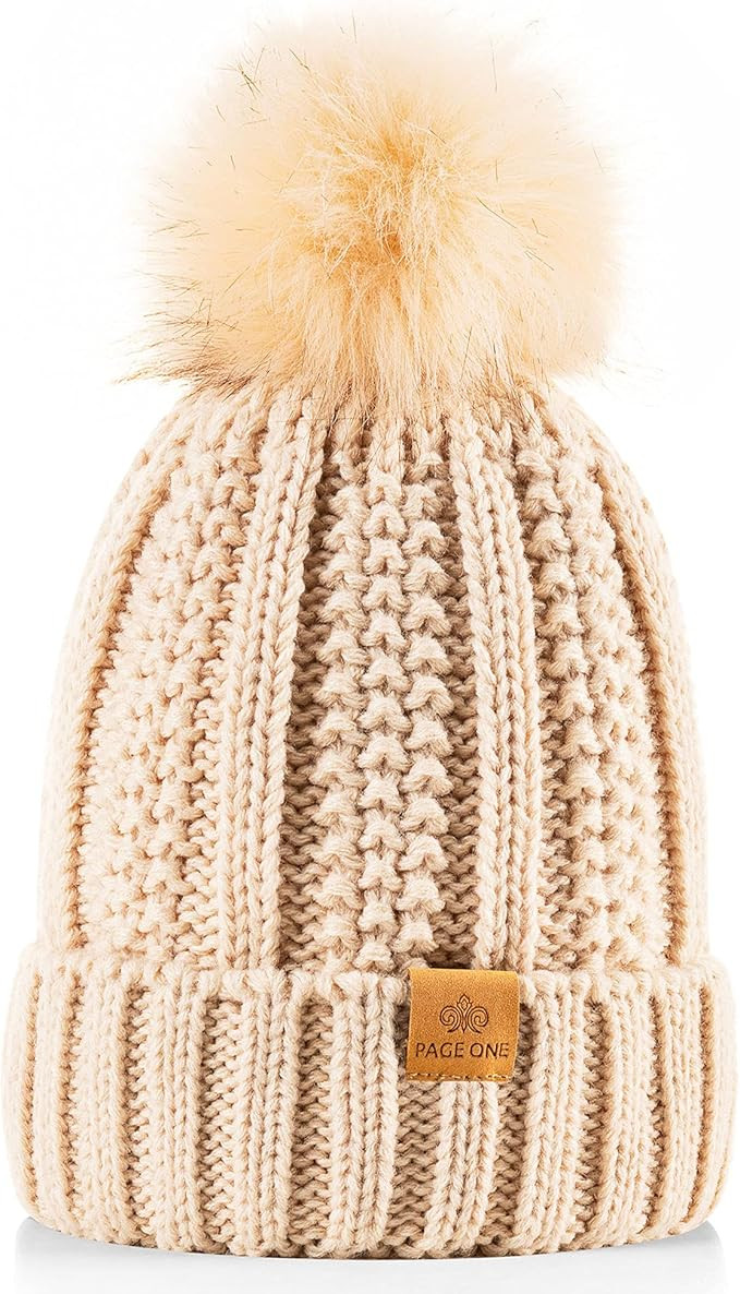 PAGE ONE Womens Winter Thick Cable Knit Beanie Faux Fur Pom Hat Fleece Lined Skull Cap | Amazon (US)