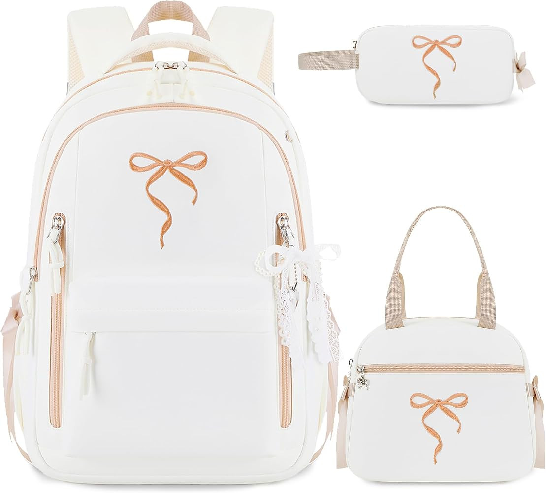 Embroidered Bow Backpack for Girls with Lunch Bag & Pencil Case | Amazon (US)