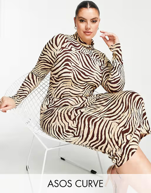 ASOS DESIGN Curve high neck midi column dress in tiger print | ASOS (Global)