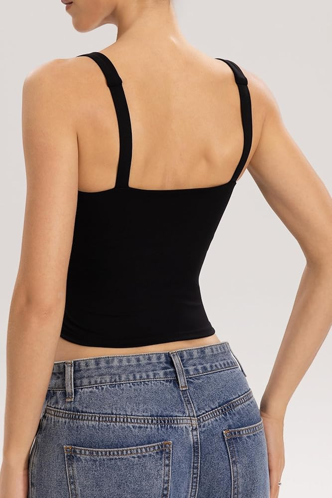 QINSEN Womens Tank Tops with Built in Bras Square Neck Double Lined Basic Sleeveless Workout Tops | Amazon (US)