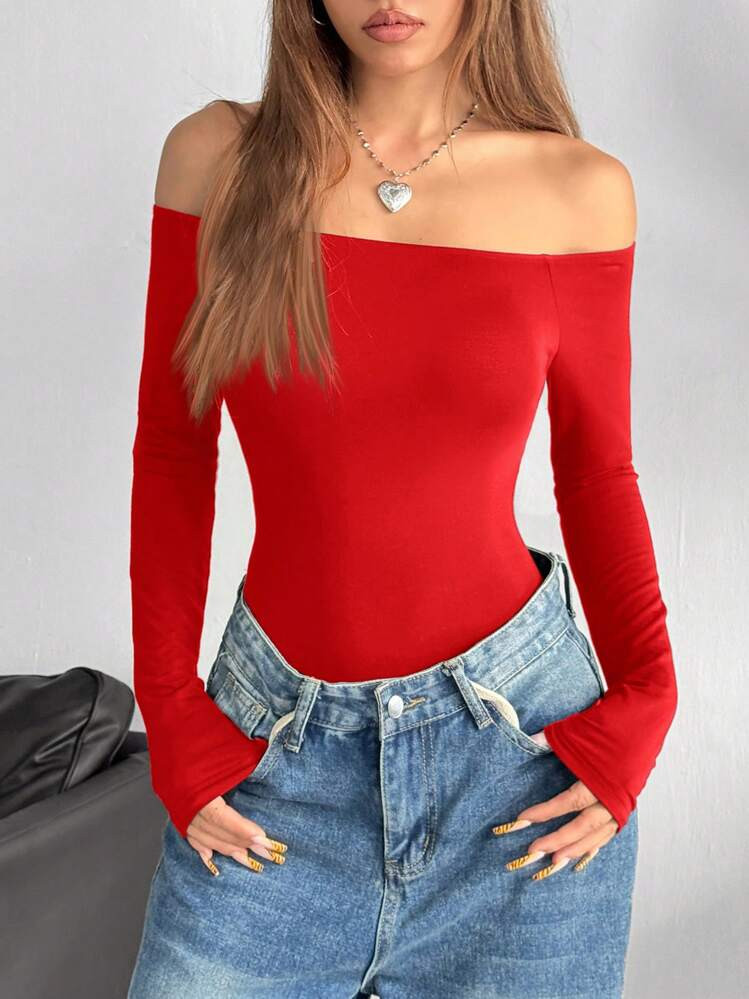 SHEIN EZwear 1pc Women's Red Knit Off-Shoulder Bodysuit | SHEIN