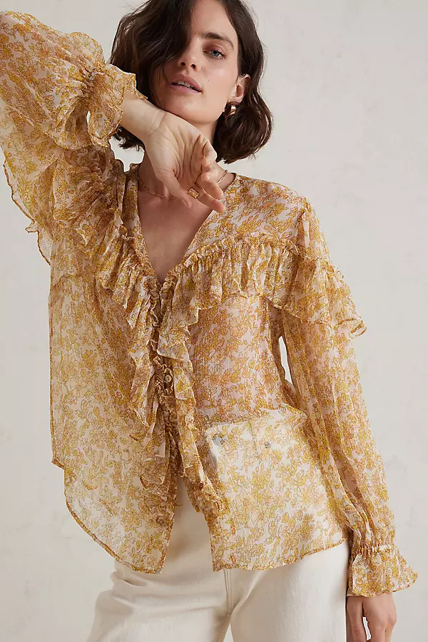 Printed Ruffle Sheer Blouse | Anthropologie (UK)