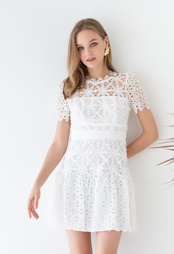 Sophisticated Floral Crochet Mini Dress in White | Chicwish