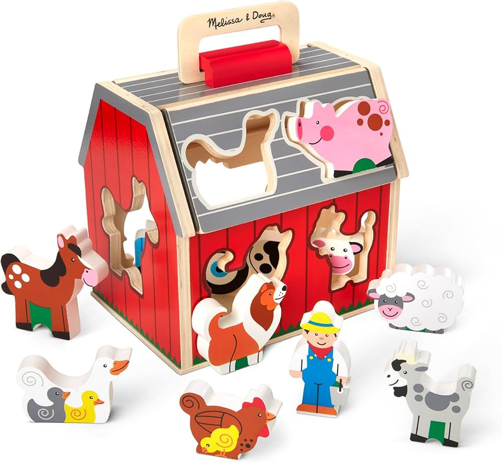 Melissa & Doug Wooden Take-Along Barn Toy with Flip-Up Roof and Handle, 10 Farm Play Pieces, Shap... | Amazon (US)