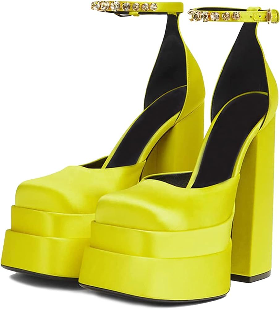 VARECOLA Women Silk Satin Chunky Pumps Shoes Rhinestone Belt Platform Ankle Strap Block High Heel... | Amazon (US)