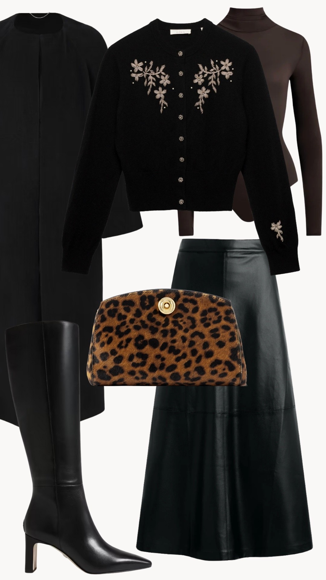 November Lookbook 🤎 For luncheons, daytime events, a meal out with friends, or the office

chic style, leather skirt, layered outfit, November outfit, black wool coat, leopard bag, embellished top, holiday style

#LTKHoliday #LTKSeasonal