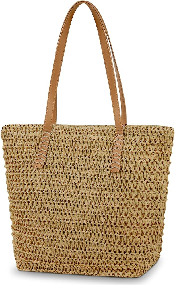 Aucuu Straw Shoulder Bag, Straw Bag for Women, Beach Bag, Large Zippered Handbag Tote Bag, Bohemi... | Amazon (UK)