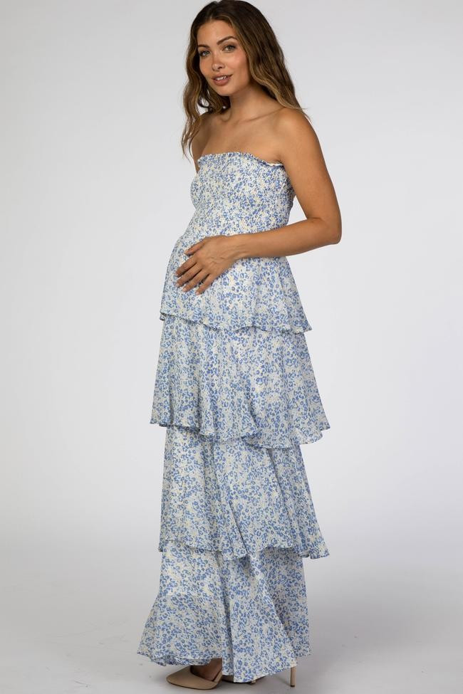 Blue Floral Chiffon Strapless Smocked Ruffle Tier Maternity Maxi Dress | PinkBlush Maternity