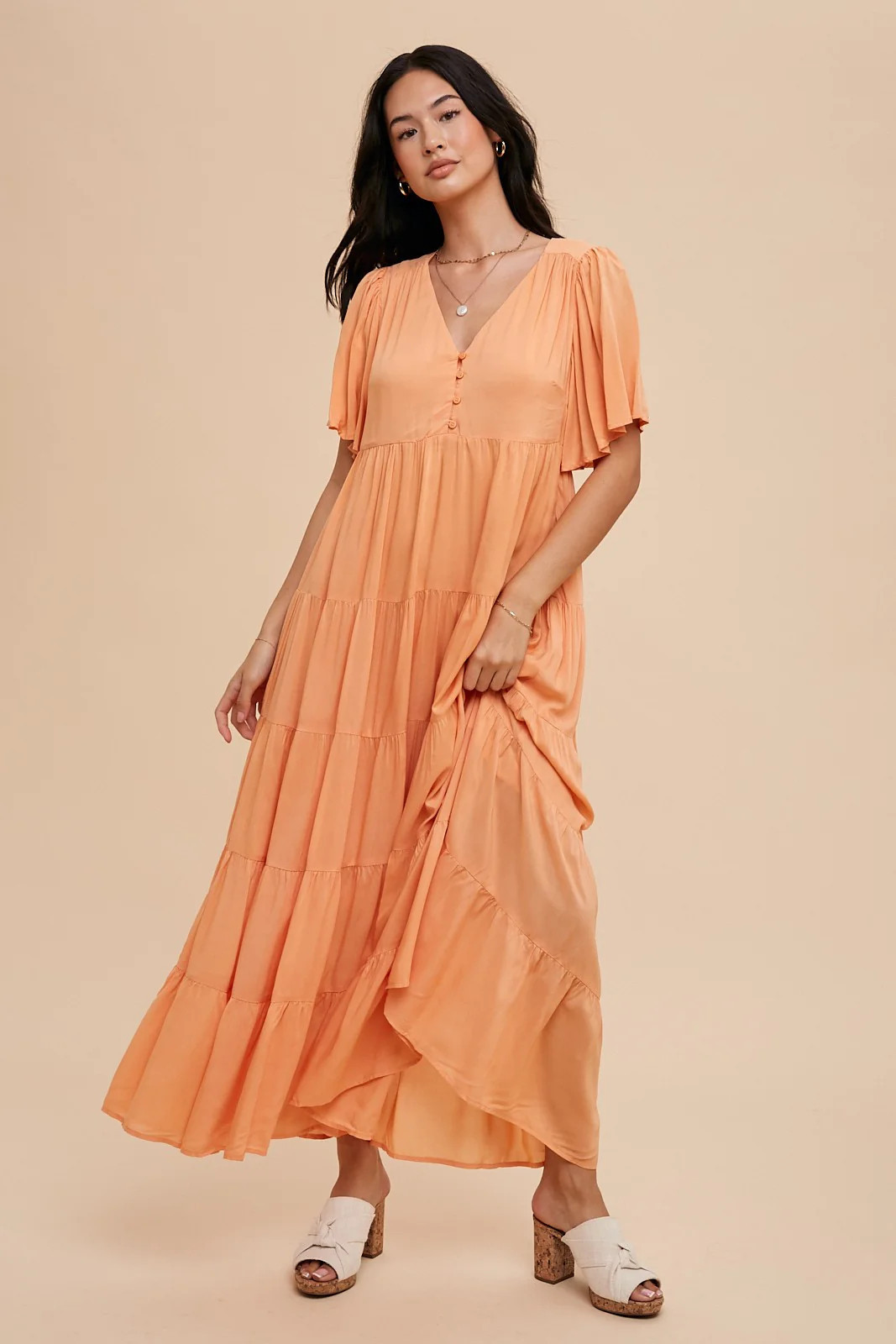 Orange Button Detail Tiered Maxi Dress | PinkBlush Maternity