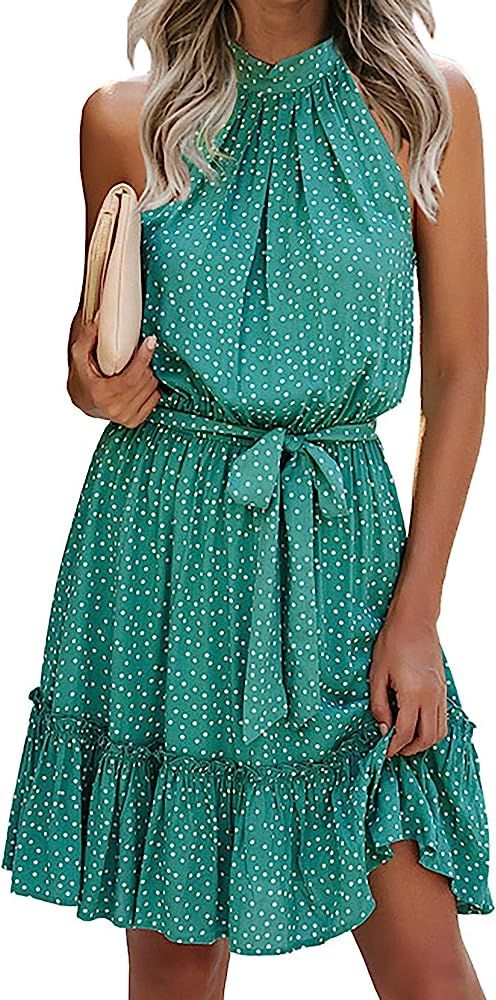 BTFBM Women Floral Dresses Casual Summer Sleeveless Halter Neck Ruffle Belt Boho Polka Dot Leopar... | Amazon (US)
