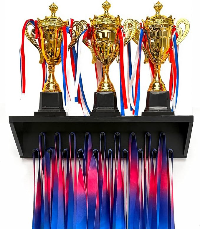 Medal Hanger Display and Trophy Shelf with Hooks - Wooden Medal Holder for Wall Mount Ribbon Disp... | Amazon (US)