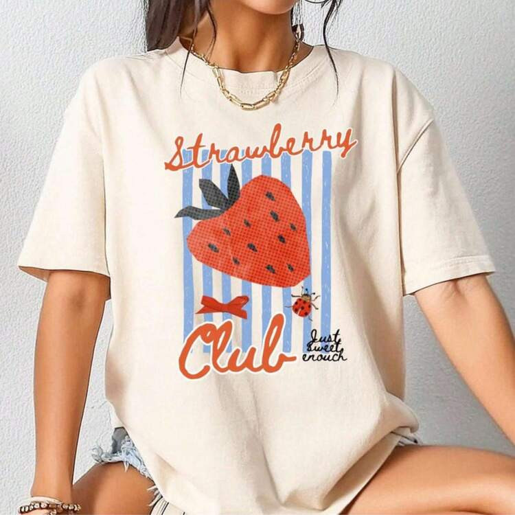 Strawberry Club Comfort Colots T-Shirt, Cottagecore French Coastal Tee, Coquette Farmers Market A... | SHEIN