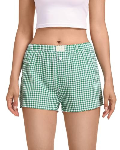 Womens Boxer Shorts Low Waist Plaid Print Pajama Lounge Shorts Elastic Cute Button Front Bottoms Sleepwear | Amazon (US)