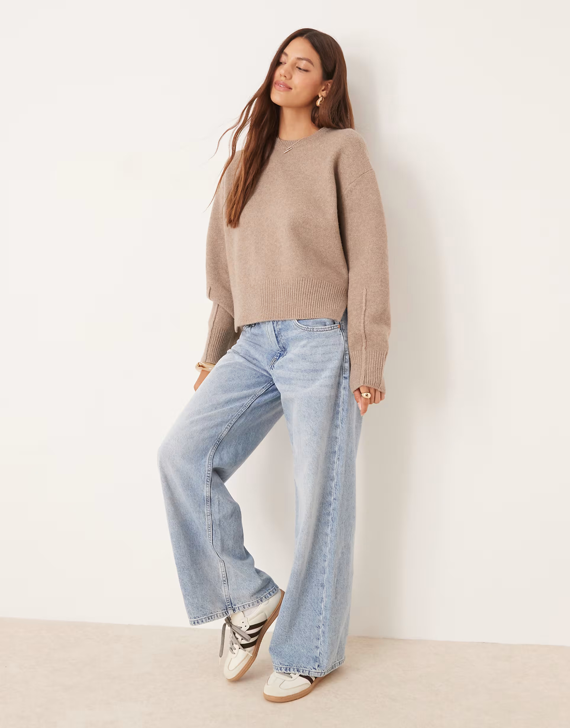 ASOS DESIGN boxy crew neck sweater with side split detail in mocha | ASOS (Global)