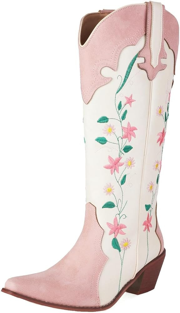 GORBINETI Pink Floral Embroidered Cowboy Boots for Women Mid Calf Pink Western Boots Pull on Cute... | Amazon (US)
