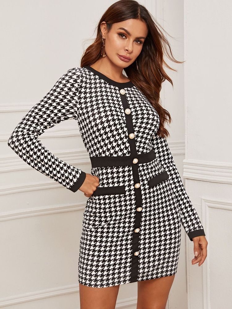 Buttoned Front Solid Trim Houndstooth Print Dress | SHEIN