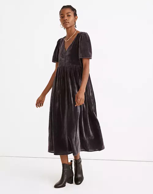 Velvet Puff-Sleeve V-Neck Midi Dress | Madewell