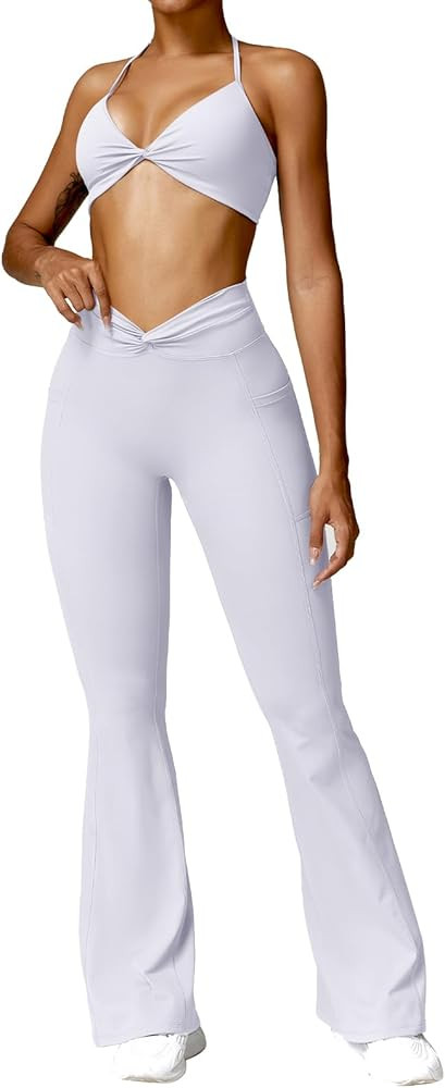 ABOCIW Womens Workout Sets 2 Piece Twist Front Strappy Sports Bras V Back Scrunch Butt Lifting Fl... | Amazon (US)