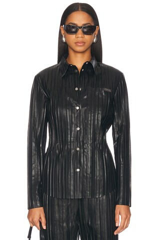 Helmut Lang Pleated Leather Button Up Top in Black - Black. Size S (also in XS). | FWRD 