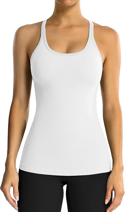 Amazon.com: ATTRACO Racerback Yoga Tank Tops for Women Ribbed Seamless Built in Bra Workout Top B... | Amazon (US)