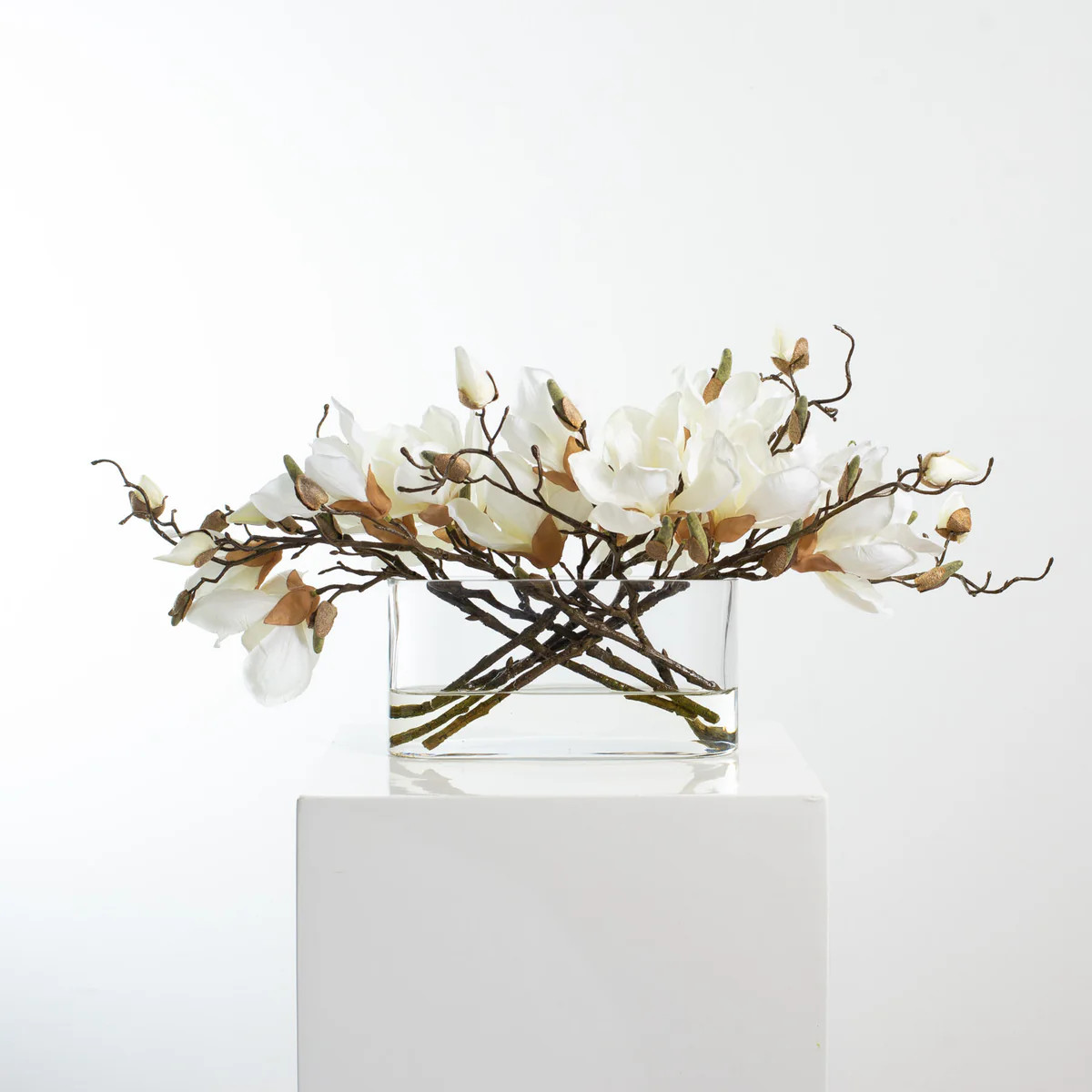 White Magnolia Blossom Branch Centerpiece Water Illusion Arrangement in Oval Pocket Vase | Darby Creek Trading