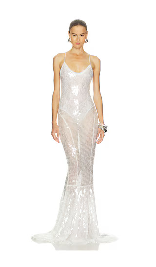 Low Back Fara Slip Fishtail Gown in Clear & White | Revolve Clothing (Global)