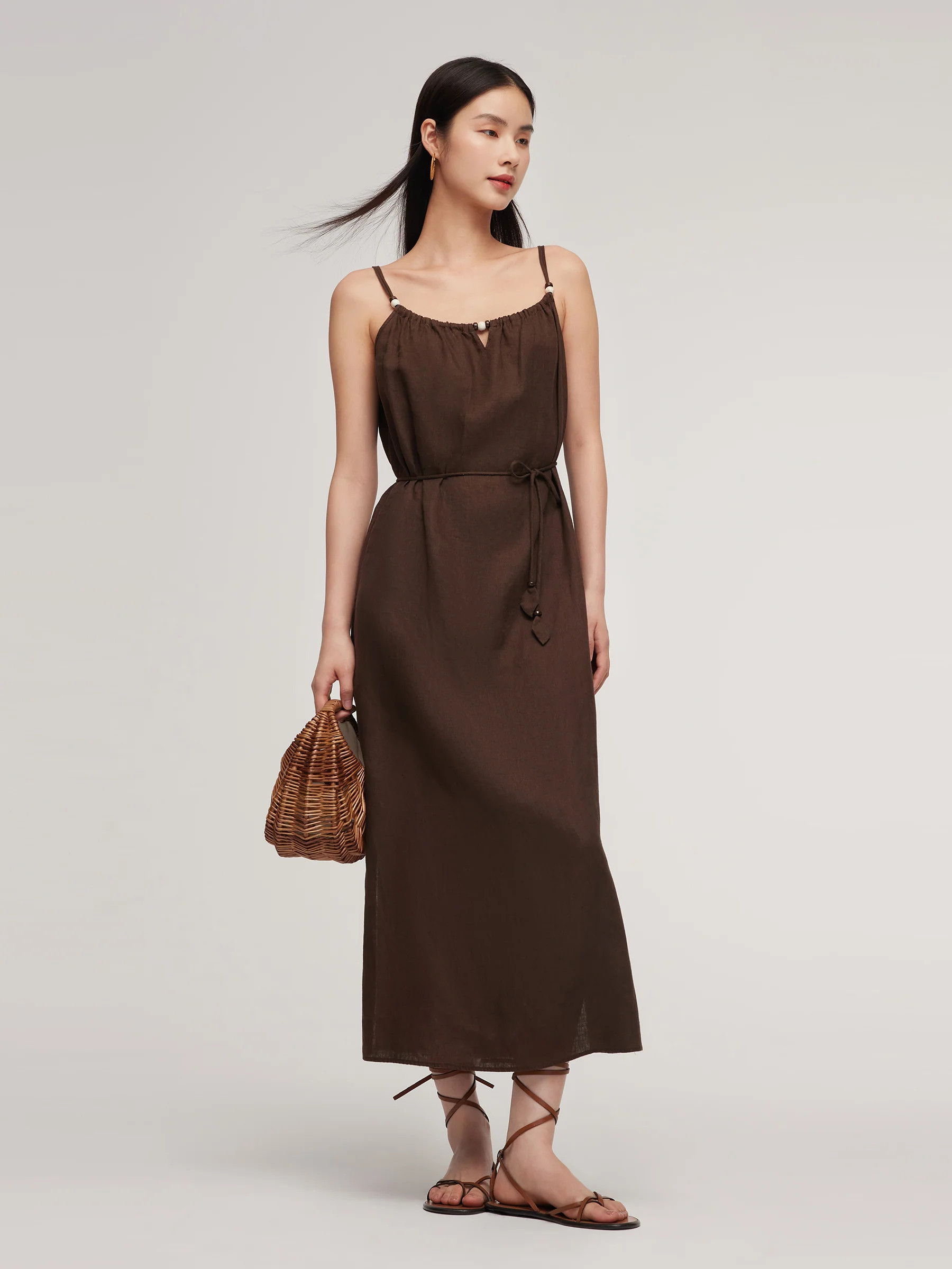 100% Linen Women Strap Maxi Dress With Tie String Belt | GOELIA