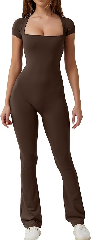 QINSEN Jumpsuits for Women Square Neck Wide Leg Full Length Romper Playsuit | Amazon (US)