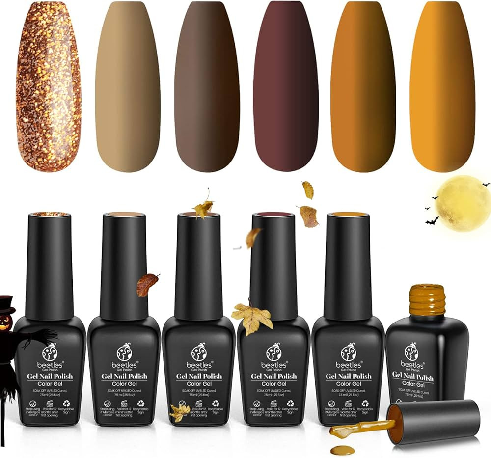 Beetles Gel Nail Polish Set, Caramel Colors Series Brown Yellow Nail Gel Gold Glitter Gel Polish ... | Amazon (US)