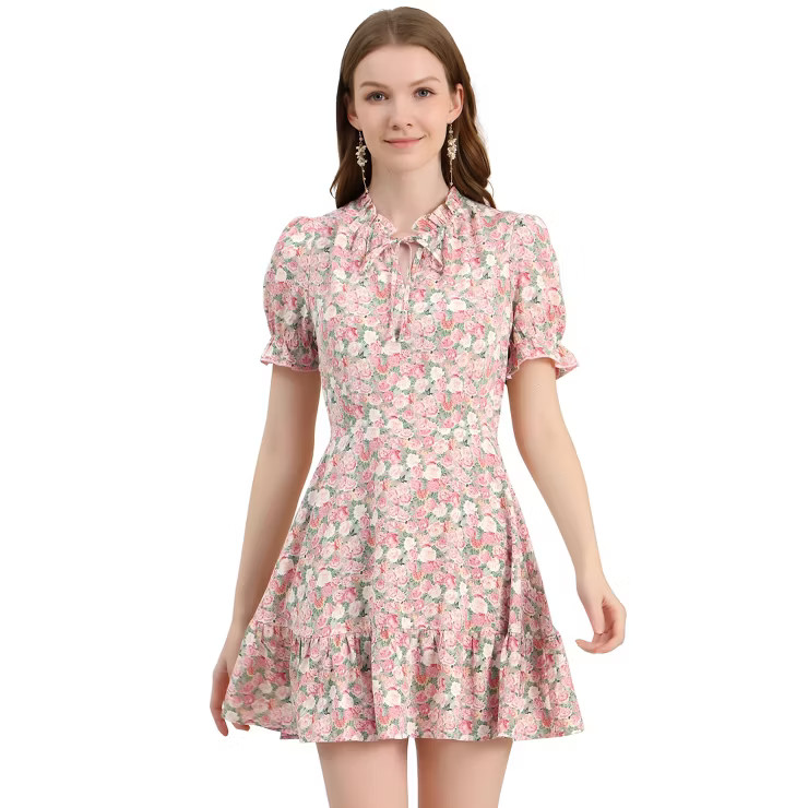 Allegra K Women's Summer Chiffon Dress Ruffle Tie Neck Puff Short Sleeve Floral Dress | Target