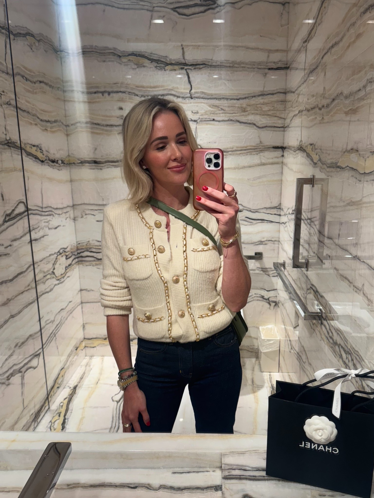 Had to take a selfie in my favorite sweater in my new favorite bathroom at Chanel. 

This sweater is giving “Chanel” without the Chanel price tag 🙌🏻. 

#LTKStyleTip #LTKTravel #LTKSummerEdit