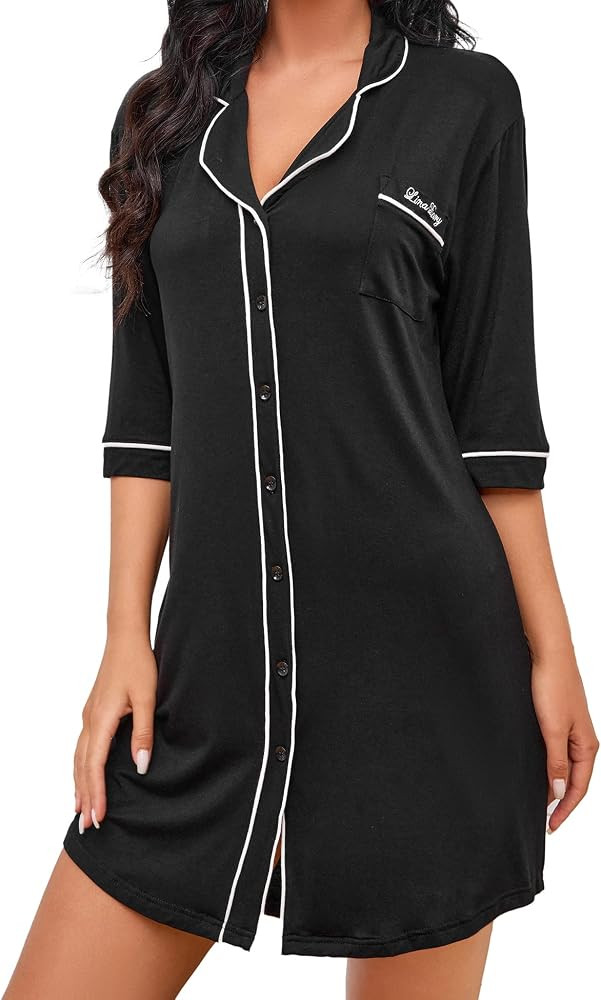 Clocly Nightgowns for Women Button Down Night Shirt 3/4 Sleeve Boyfriend V-Neck Sleepwear Pajama ... | Amazon (US)