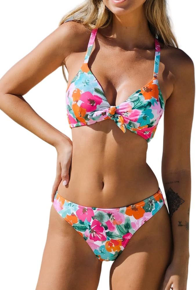 CUPSHE Women's Two Piece Bikini Set Floral Print Knot Bunny Tie | Amazon (US)