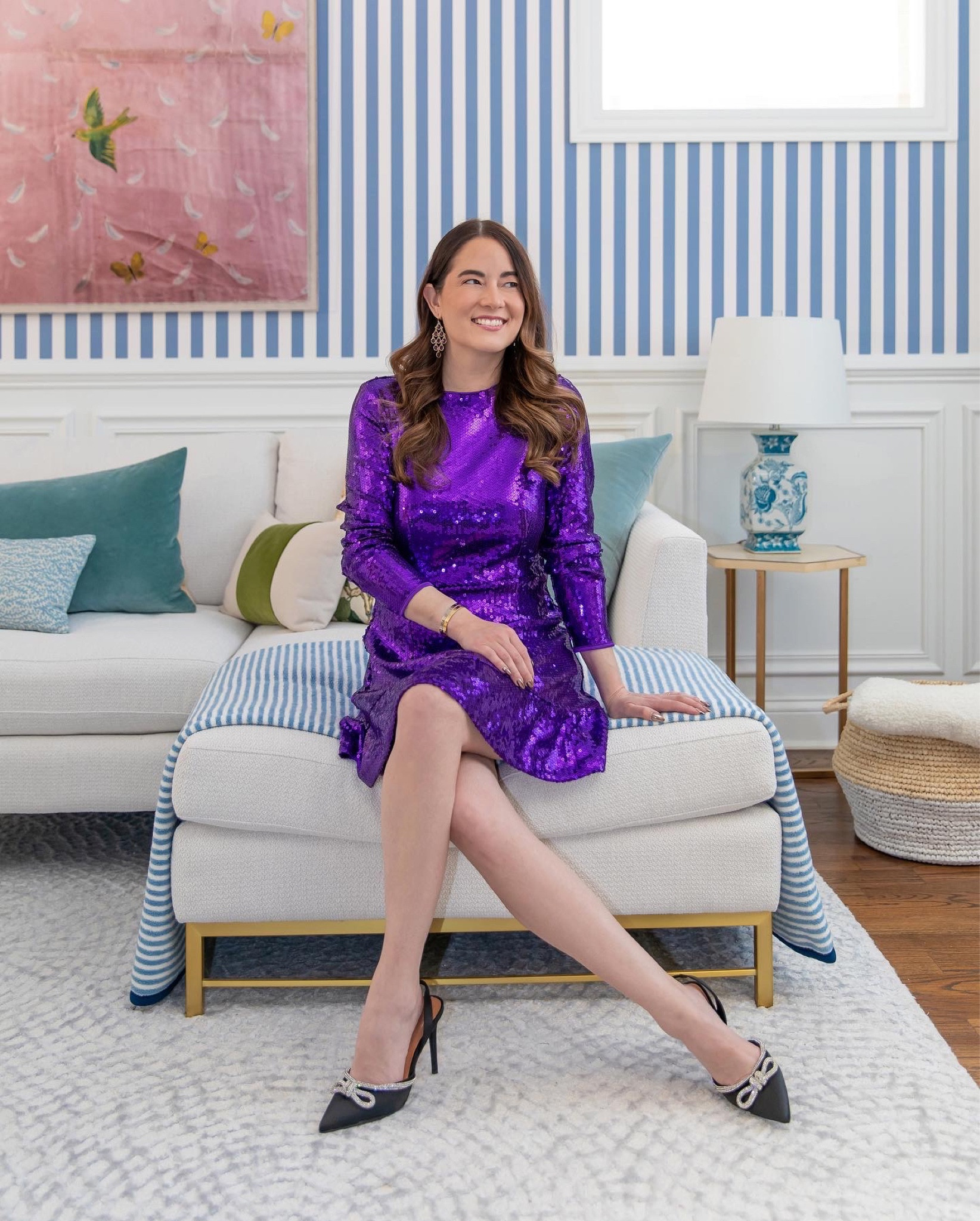 A purple sequin mini dress with black satin crystal bow pumps and chandelier earrings from Walmart

#LTKunder100 #LTKHoliday #LTKunder50