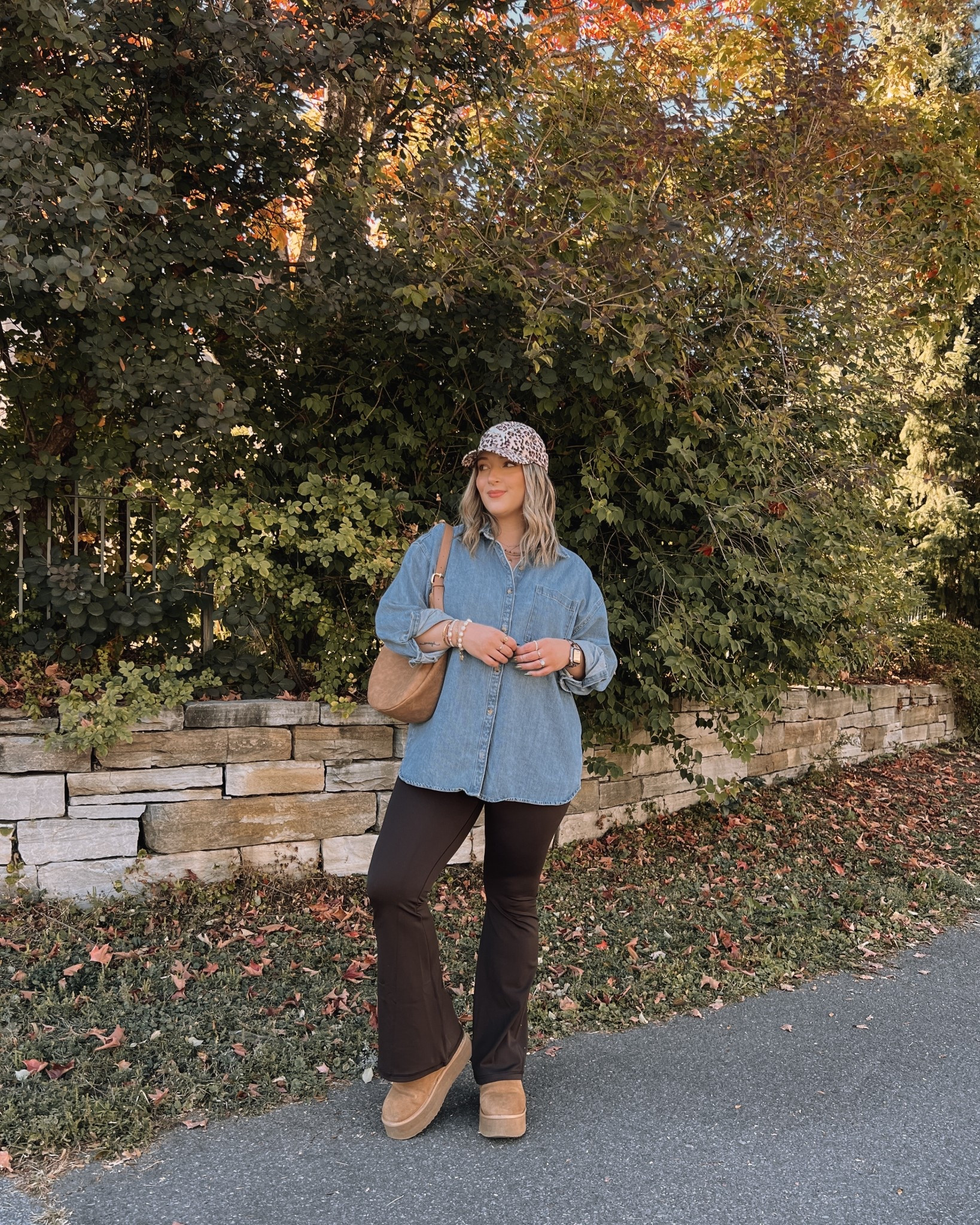 Easy fall outfit! Wearing my usual size L in both the denim shirt & dark brown flare leggings. Ugg ultra mini look for less are such good quality & so comfy! Size up if between 

