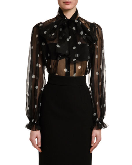 Dolce & Gabbana Tie-Neck Polka-Dot Organza Blouse | Bergdorf Goodman