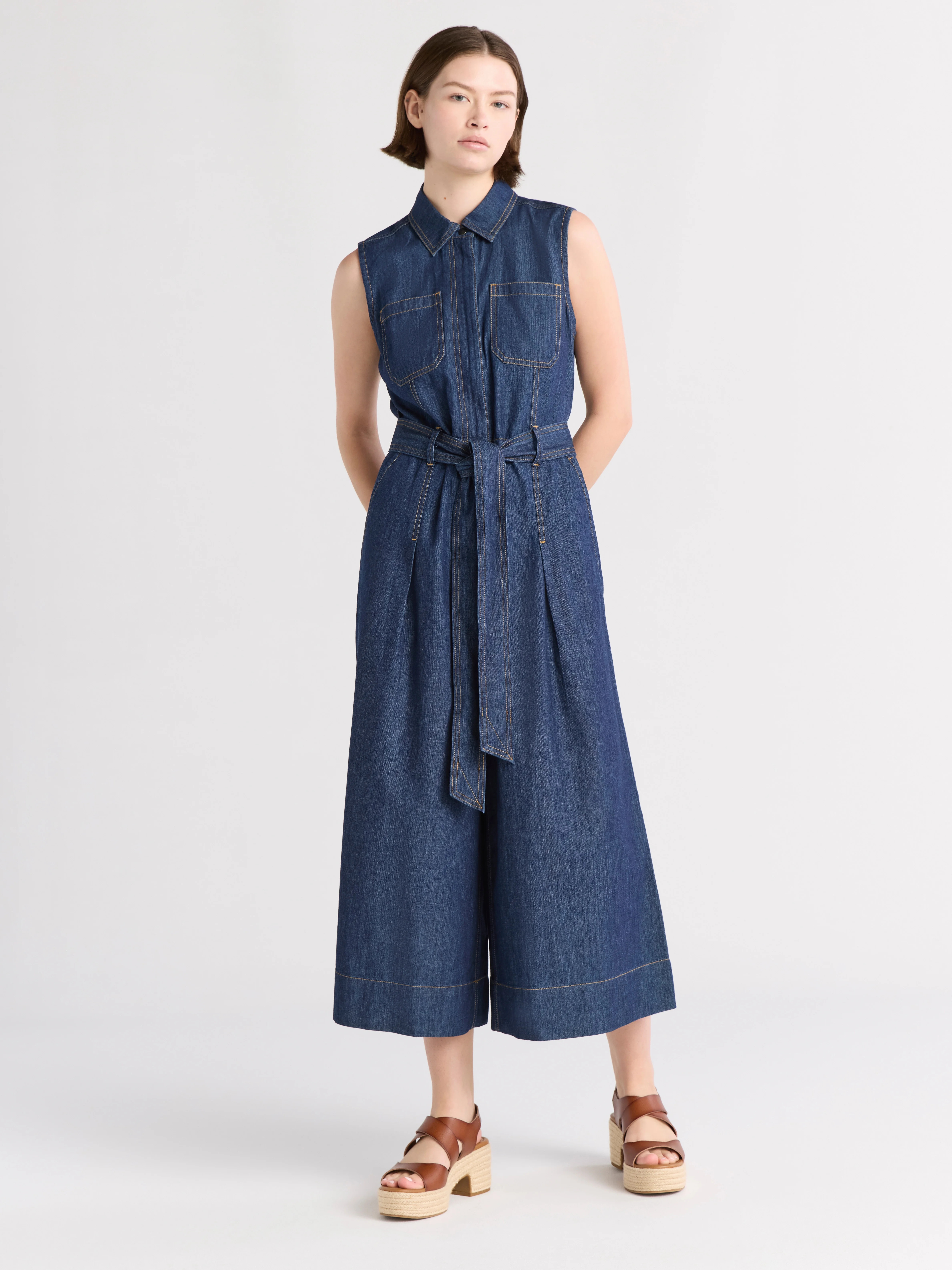 Free Assembly Women's and Women's Plus Chambray Wide Leg Cropped Jumpsuit, Sizes XS-4X | Walmart (US)
