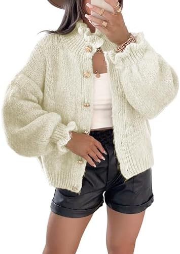 Women’s Chunky Knit Cardigan Sweater Ruffle Button Down Long Sleeve Cozy Loose Fit Fall Winter ... | Amazon (US)