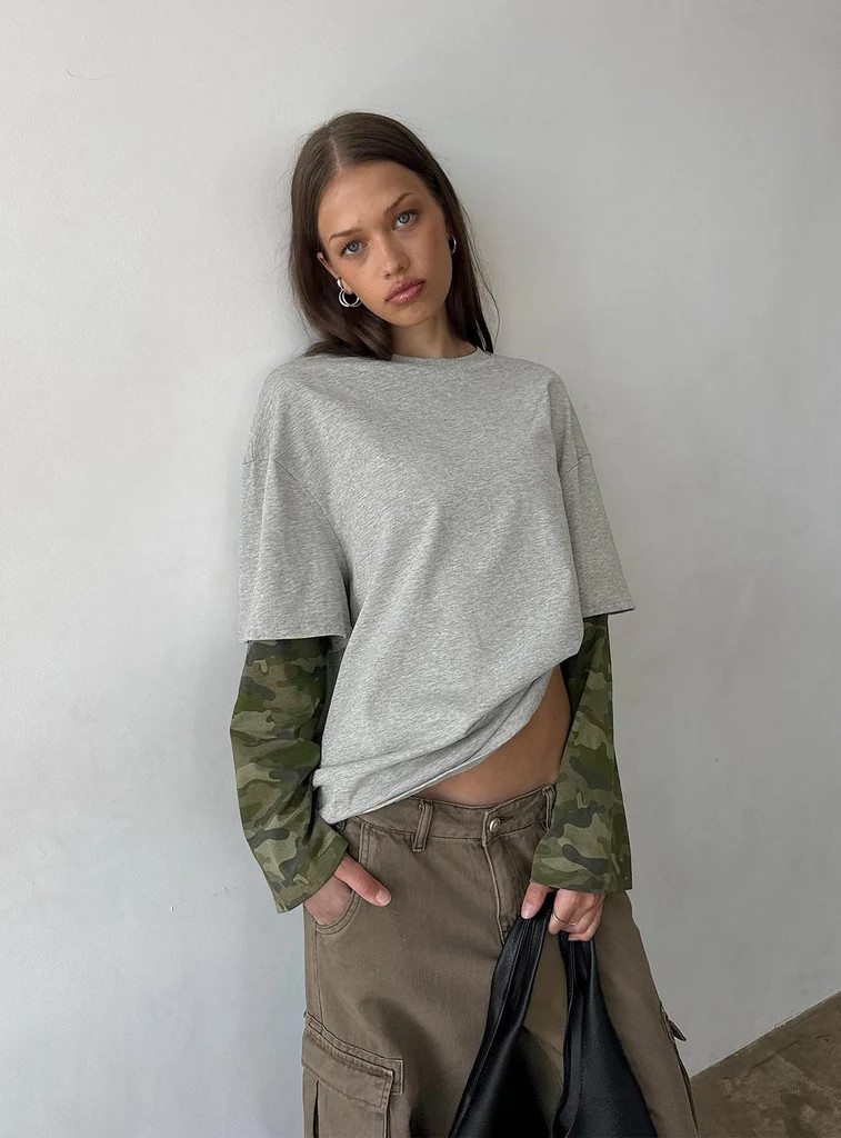 Ryann Long Sleeve Layered Top Grey / Camo | Princess Polly US