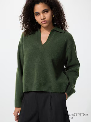 UNIQLO Women's Souffle Yarn Skipper Polo Sweater, Dark Gray, Small | UNIQLO (US)