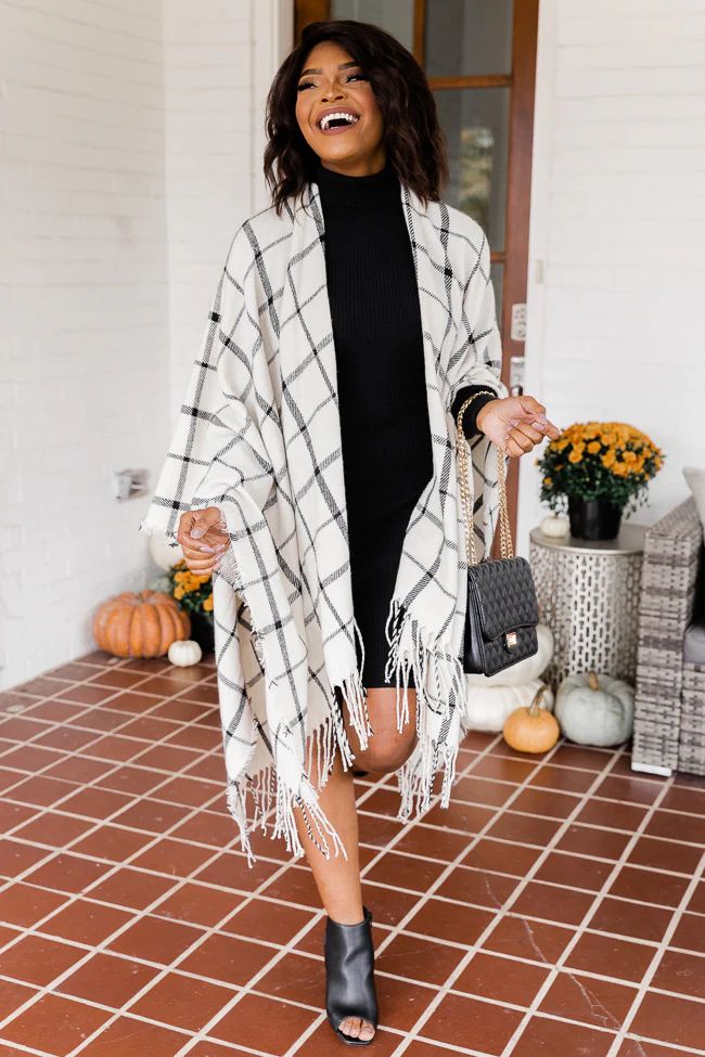 Compare Notes Beige Grid Printed Poncho | The Pink Lily Boutique