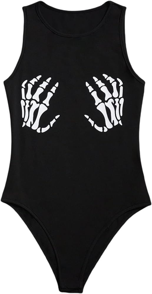 Milumia Women's Skeleton Print Round Neck Tank Top Halloween Sleeveless Bodysuit | Amazon (US)