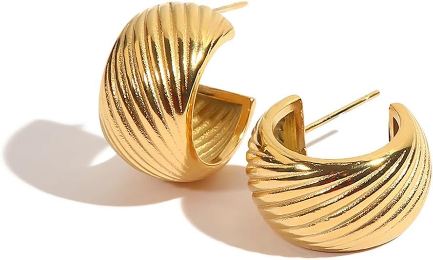 18K Gold Plated Chunky Gold Hoops Earrings for Women, Half Open Stud Hoop Stylish Earrings, Trend... | Amazon (US)