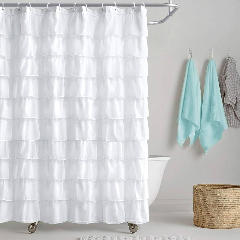 REISEN White Shower Curtain Farmhouse Ruffle Fabric for Bathroom Sheer Cloth Shower Curtains 72 i... | Amazon (US)