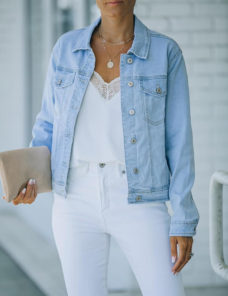 luvamia Women's Basic Button Down Stretch Fitted Long Sleeves Denim Jean Jacket | Amazon (US)