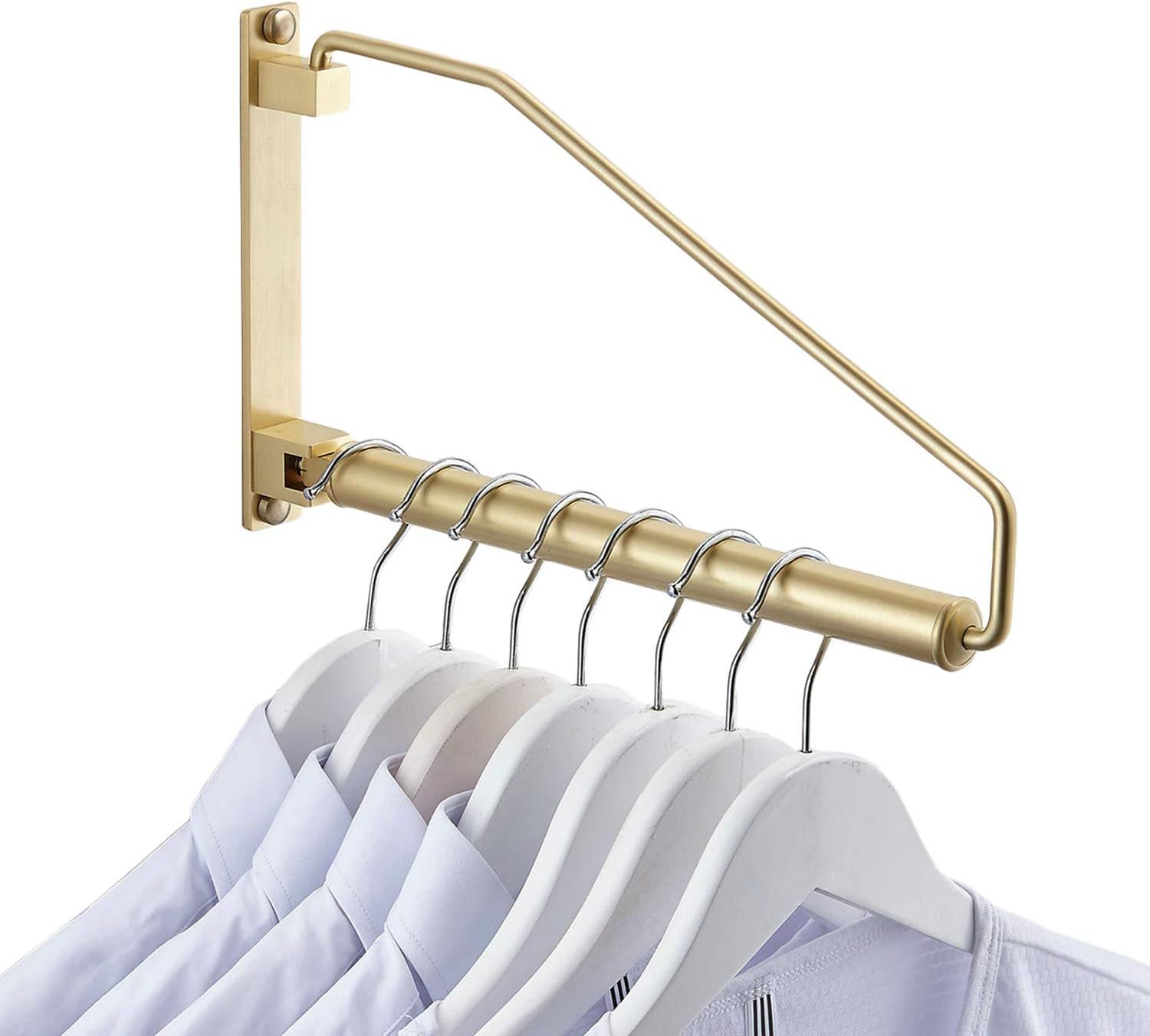 NEWRAIN Folding Wall Mounted Clothes Hanger Rack Clothes Hook Solid Brass with Swing Arm Holder C... | Amazon (US)