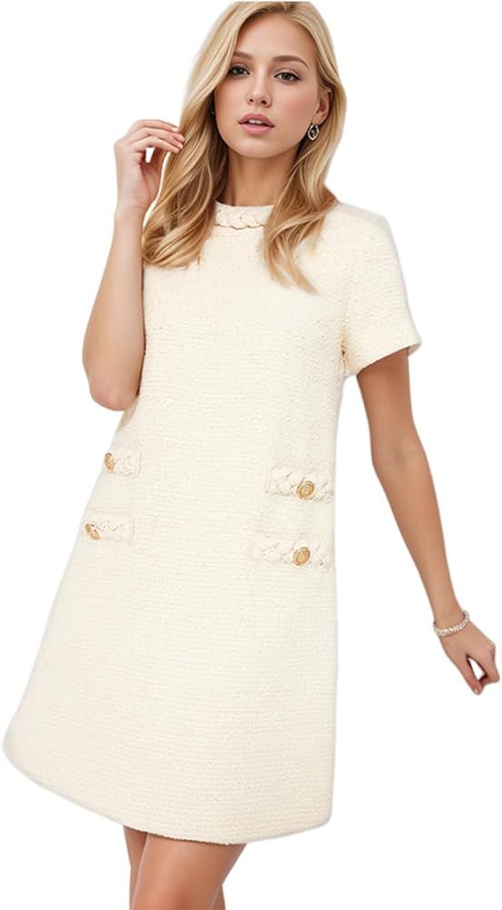 Womens Tweed Jackie Dress Elegant Crew Neck Short Sleeve Skirt Button Bodycon Eyelet Work Mini Dr... | Amazon (US)