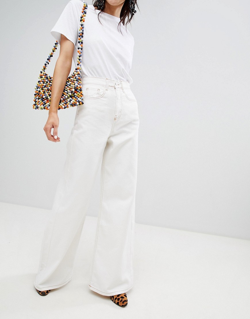 Stradivarius wide leg jean with contrast stitch - White | ASOS US